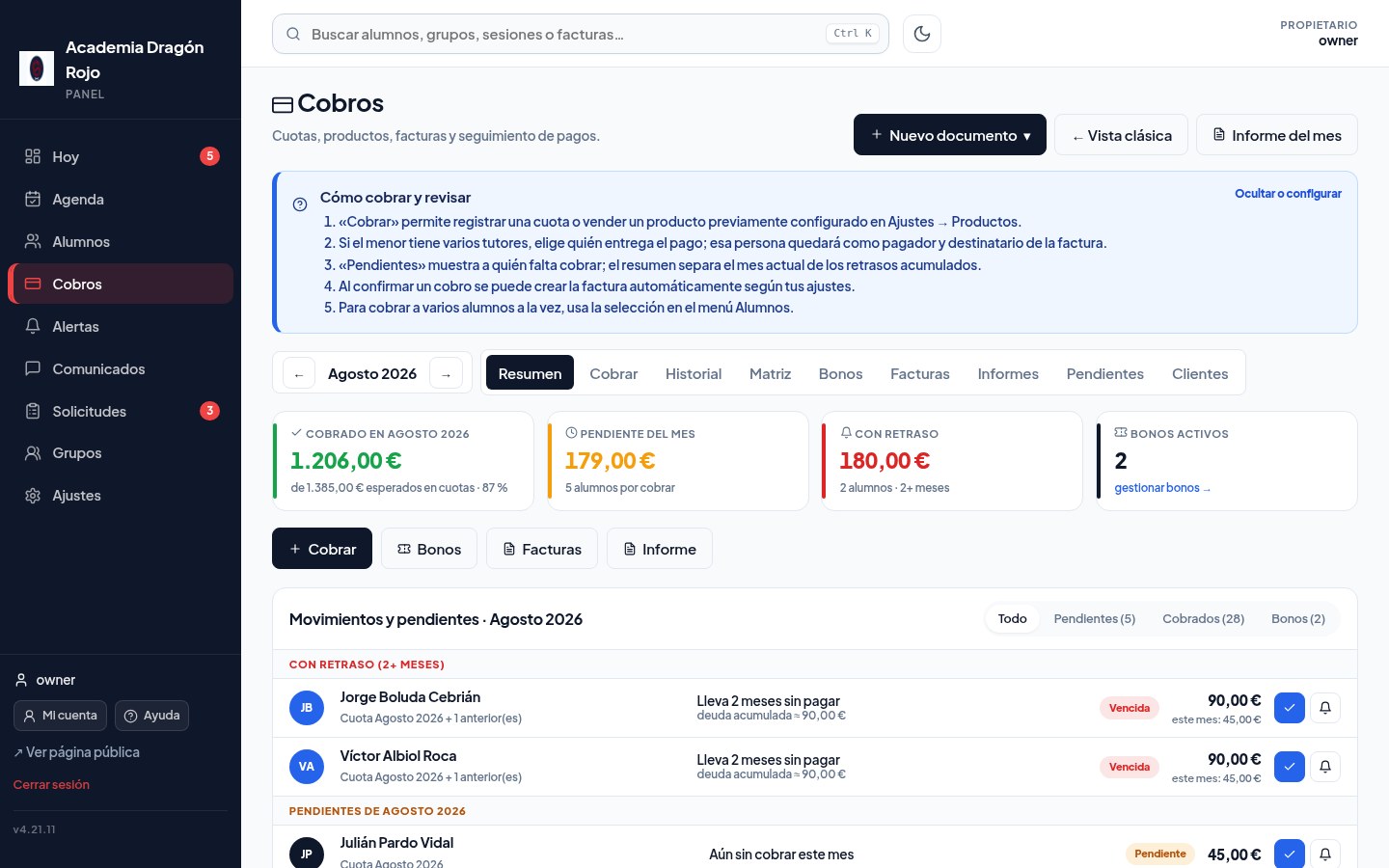 Resumen de cobros con cuotas cobradas, pendientes y retrasos