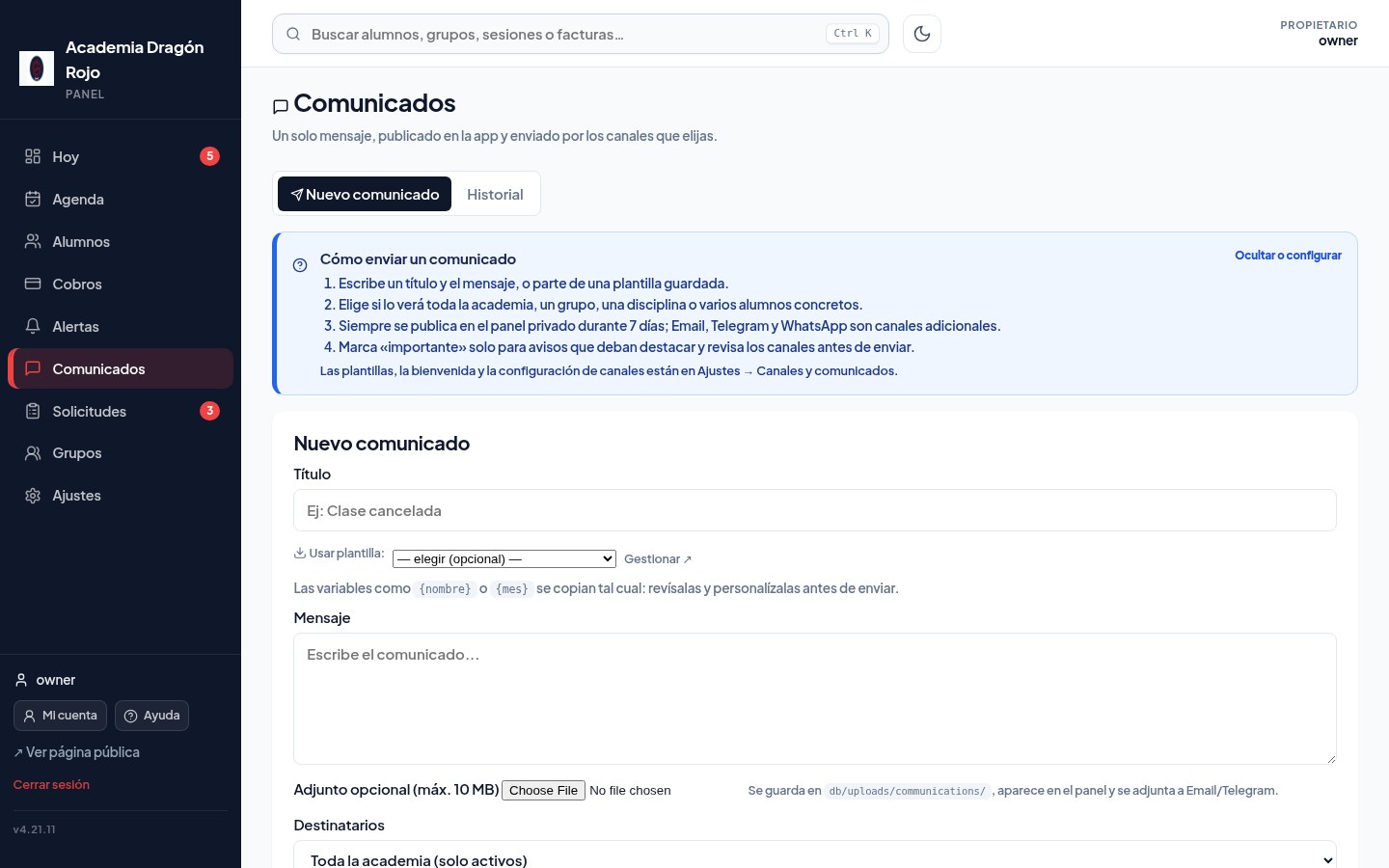Publicar un comunicado para toda la academia