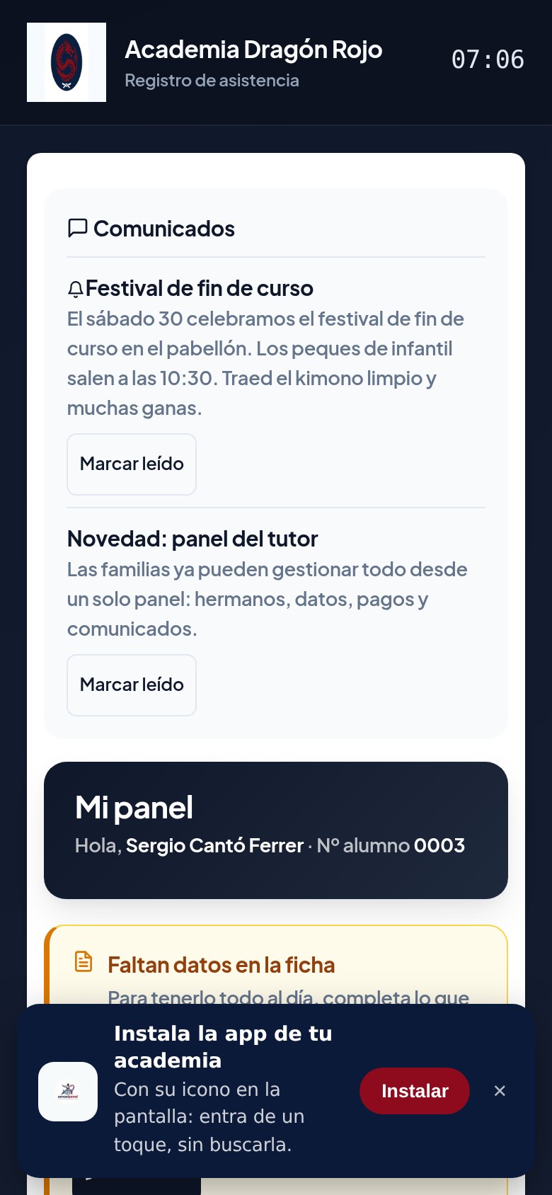 Panel móvil del alumno con cuota pagada, reservas, progreso y bono