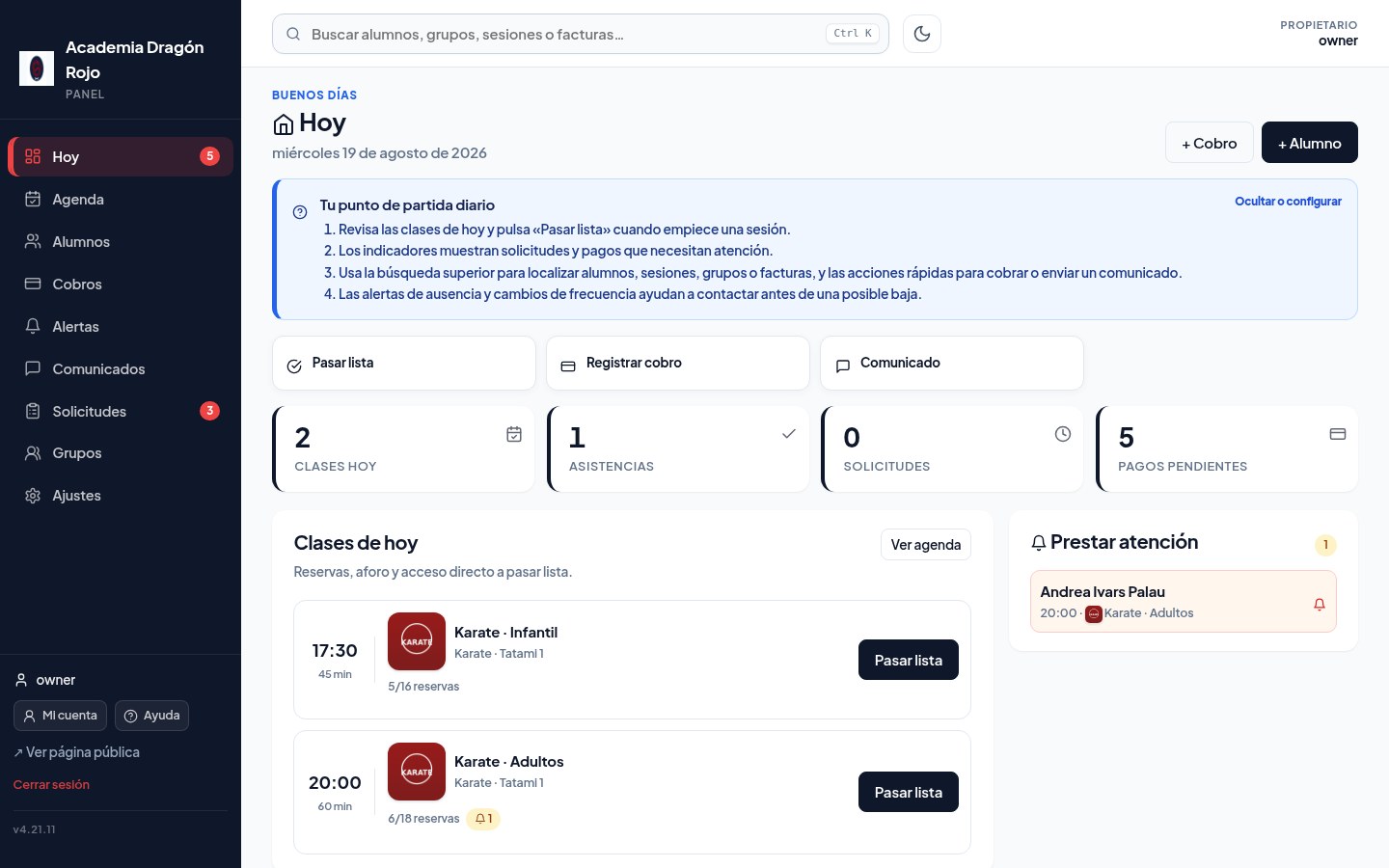 Panel de SenseiPanel con las clases del día, asistencias y avisos